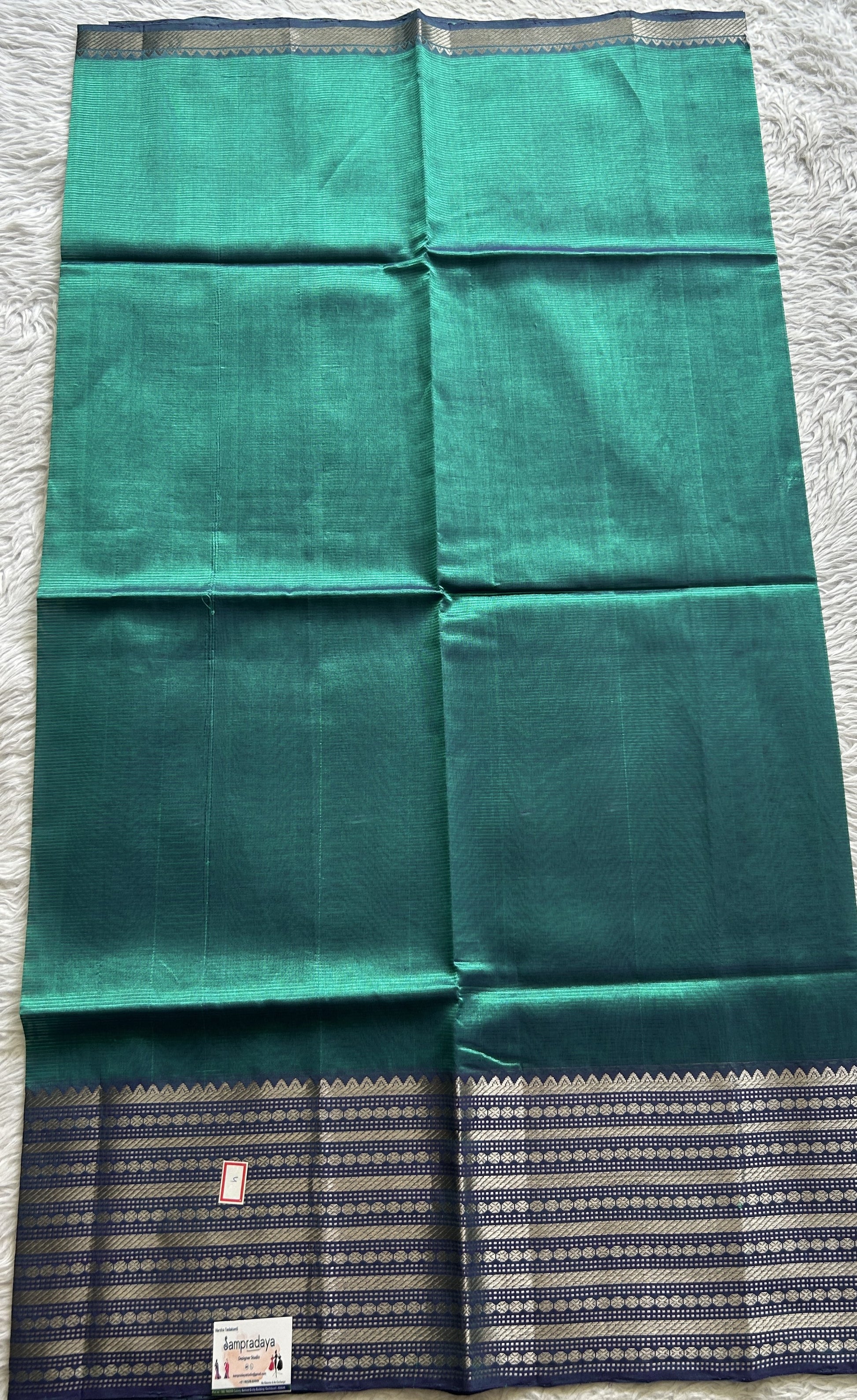 Pure Mangalagiri Pattu Dress Material Peacock Blue Color With a Zari Border. - Sampradaya Designer Studio