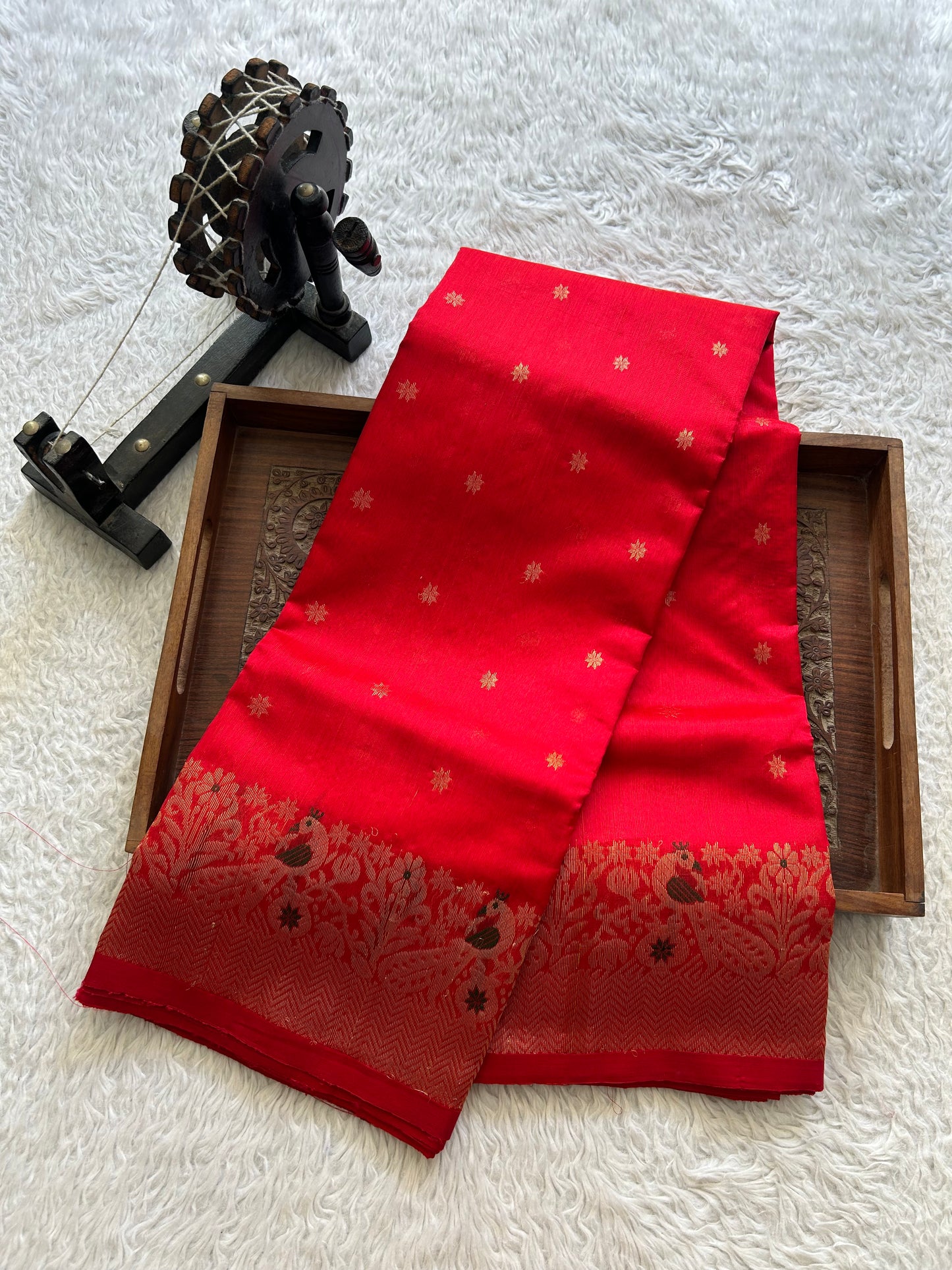 Red Chanderi Silk Saree With Gold Zari Border — Pure Handloom | Silk Mark Certified