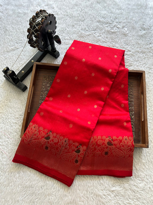 Red Chanderi Silk Saree With Gold Zari Border — Pure Handloom | Silk Mark Certified