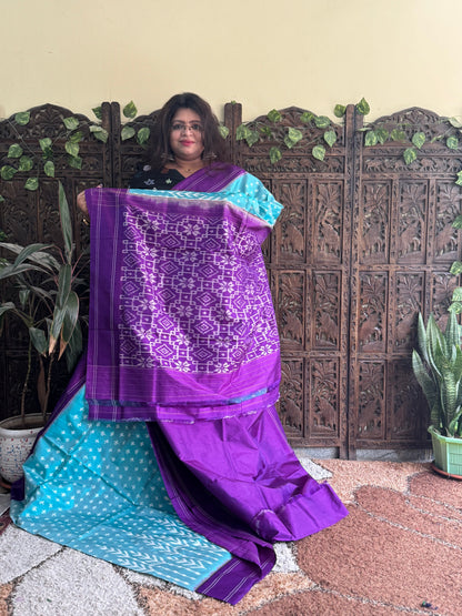 Ikkat Pattu Saree Light Blue colored complemented with a Patola border. - Sampradaya Designer Studio