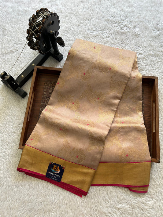 Cream Chanderi Silk Saree With Gold Zari Border — Pure Handloom | Silk Mark Certified