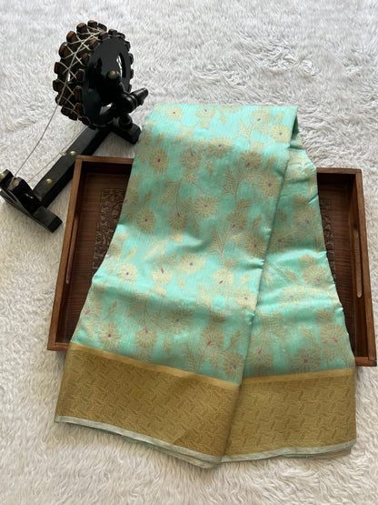 Sea Blue Chanderi Silk Saree With Gold Zari Border — Pure Handloom | Silk Mark Certified