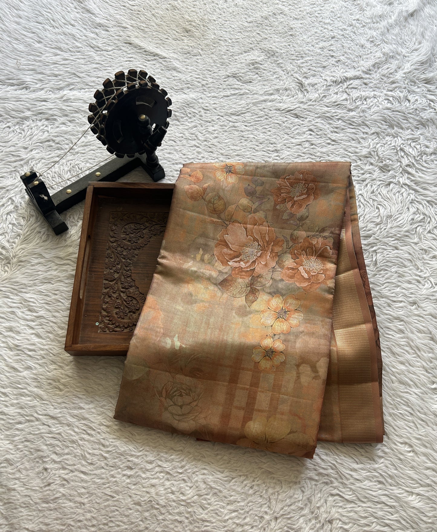 Semi Tussar Saree Dark Sandal Colored complemented with a Zari Border. - Sampradaya Designer Studio