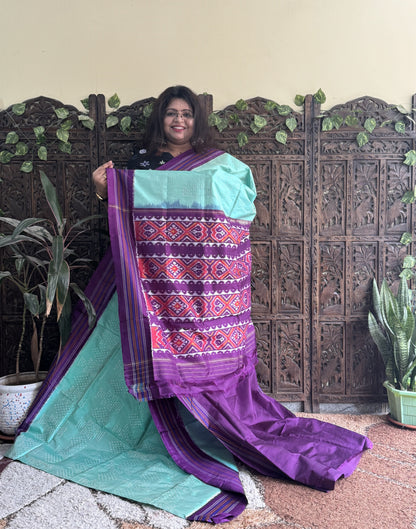 Ikkat Pattu Saree Sea Green colored complemented with a Patola border. - Sampradaya Designer Studio