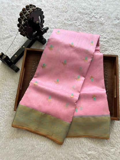 Baby Pink Chanderi Silk Saree With Gold Zari Border — Pure Handloom | Silk Mark Certified