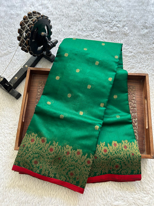 Green Chanderi Silk Saree With Gold Zari Border — Pure Handloom | Silk Mark Certified