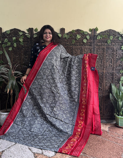 Ikkat Pattu Saree Gray colored complemented with a Red Patola border. - Sampradaya Designer Studio