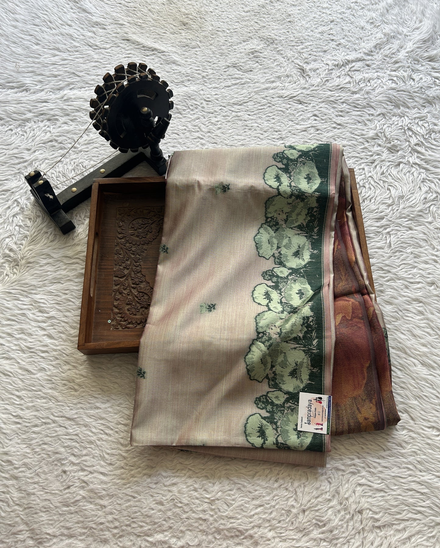 Semi Tussar Saree Light Peach Colored complemented with a Printed Border. - Sampradaya Designer Studio