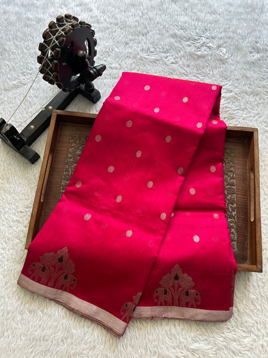 Pink Chanderi Silk Saree With Silver Zari Border — Pure Handloom | Silk Mark Certified