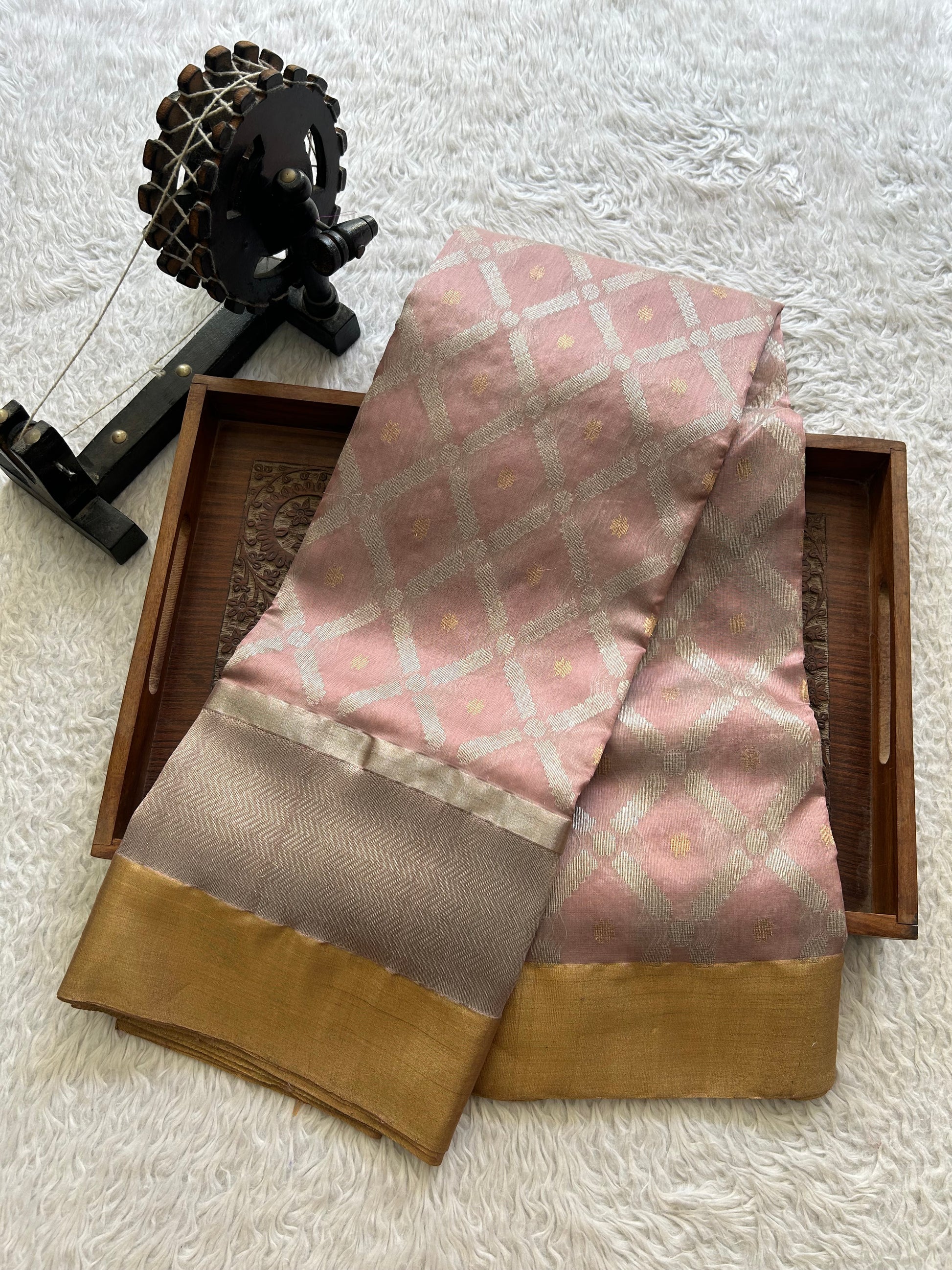 Onion Pink Chanderi Silk Saree With Gold And Silver Zari Border — Pure Handloom | Silk Mark Certified - Sampradaya Designer Studio