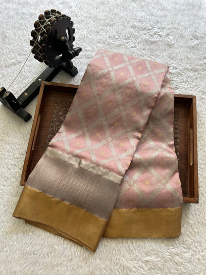 Onion Pink Chanderi Silk Saree With Gold And Silver Zari Border — Pure Handloom | Silk Mark Certified