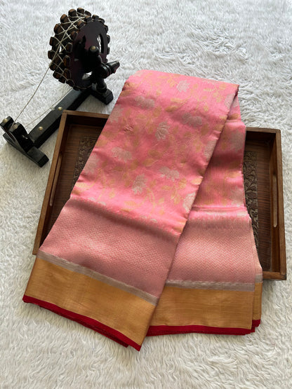 Baby Pink Chanderi Silk Saree With Gold And Silver Zari Border — Pure Handloom | Silk Mark Certified