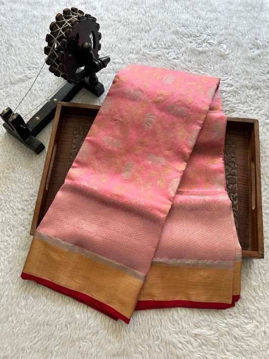 Baby Pink Chanderi Silk Saree With Gold And Silver Zari Border — Pure Handloom | Silk Mark Certified