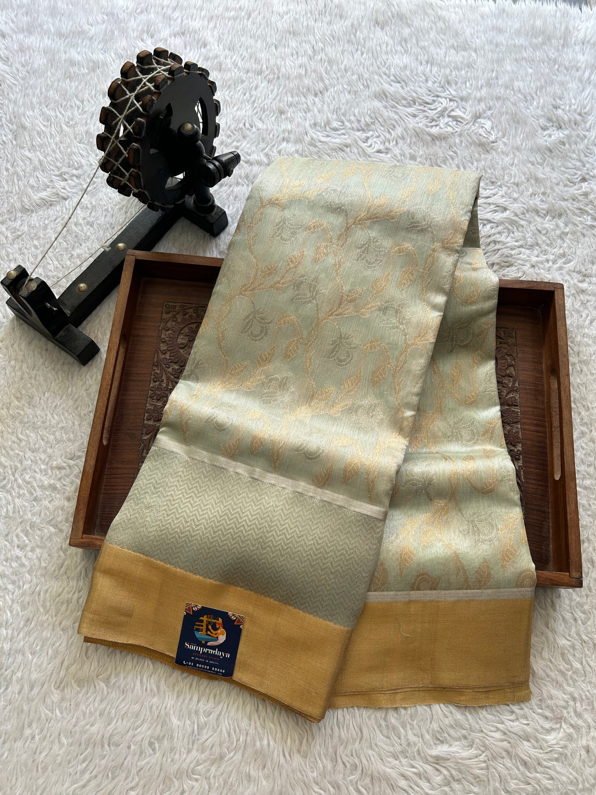 Pista Green Chanderi Silk Saree With Gold And Silver Zari Border — Pure Handloom | Silk Mark Certified - Sampradaya Designer Studio