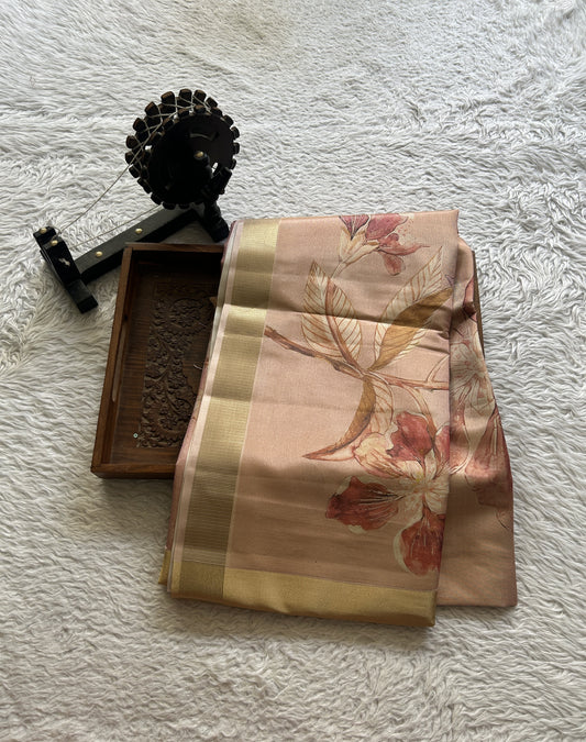 Semi Tussar Tissue Saree Peach Colored complemented with a Zari Border. - Sampradaya Designer Studio
