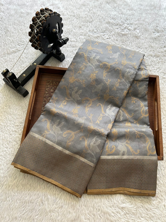 Gray Chanderi Silk Saree With Gold Zari Border — Pure Handloom | Silk Mark Certified
