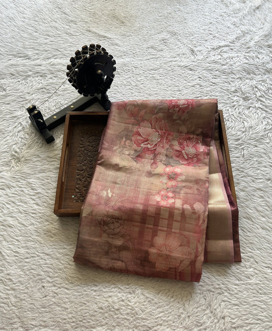 Semi Tussar Saree Onion Pink Colored complemented with a Zari Border. - Sampradaya Designer Studio