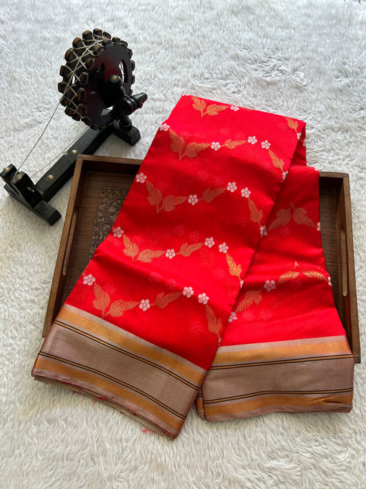 Red Chanderi Silk Saree With Silver Zari Border — Pure Handloom | Silk Mark Certified - Sampradaya Designer Studio
