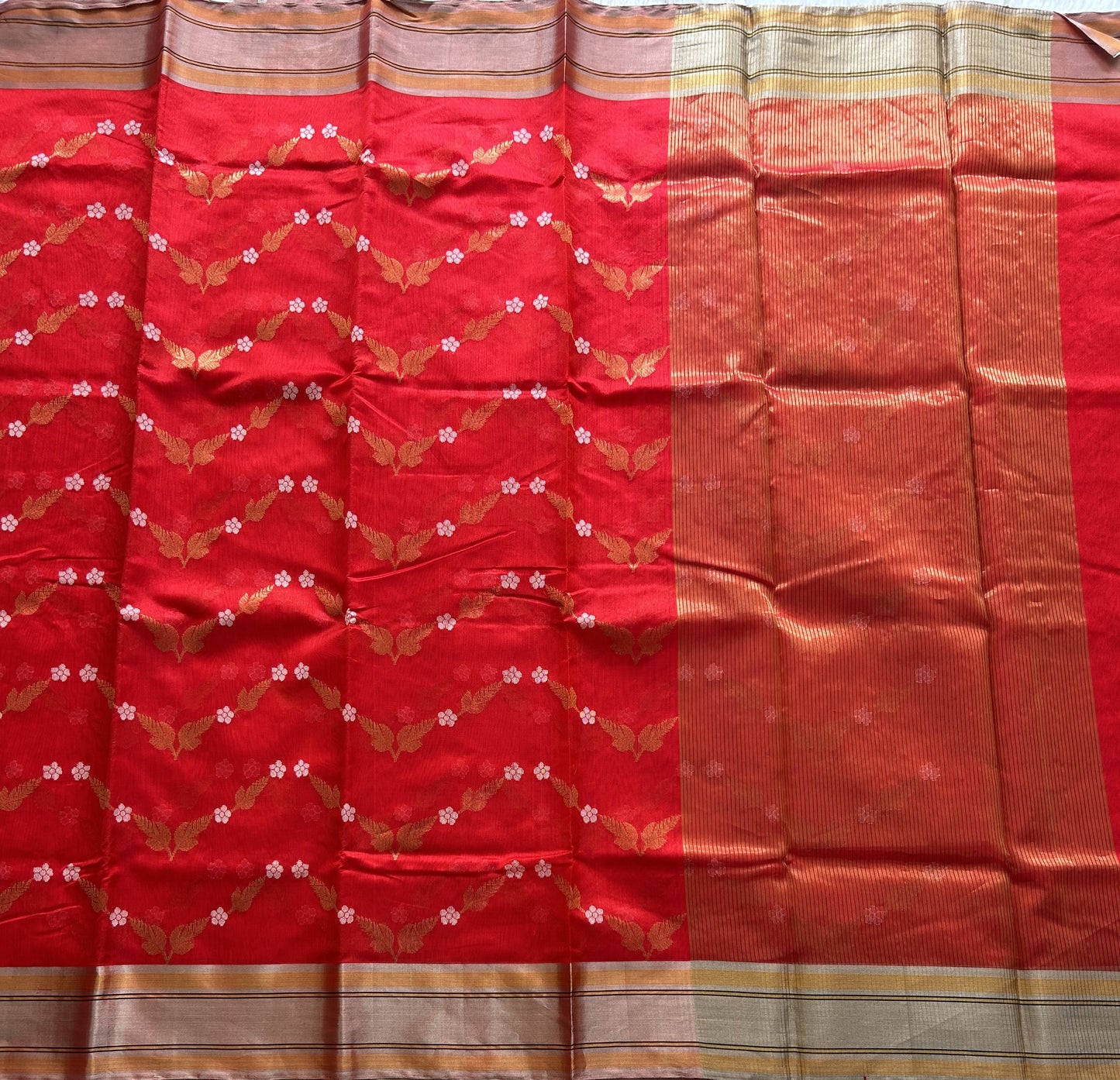 Red Chanderi Silk Saree With Silver Zari Border — Pure Handloom | Silk Mark Certified - Sampradaya Designer Studio