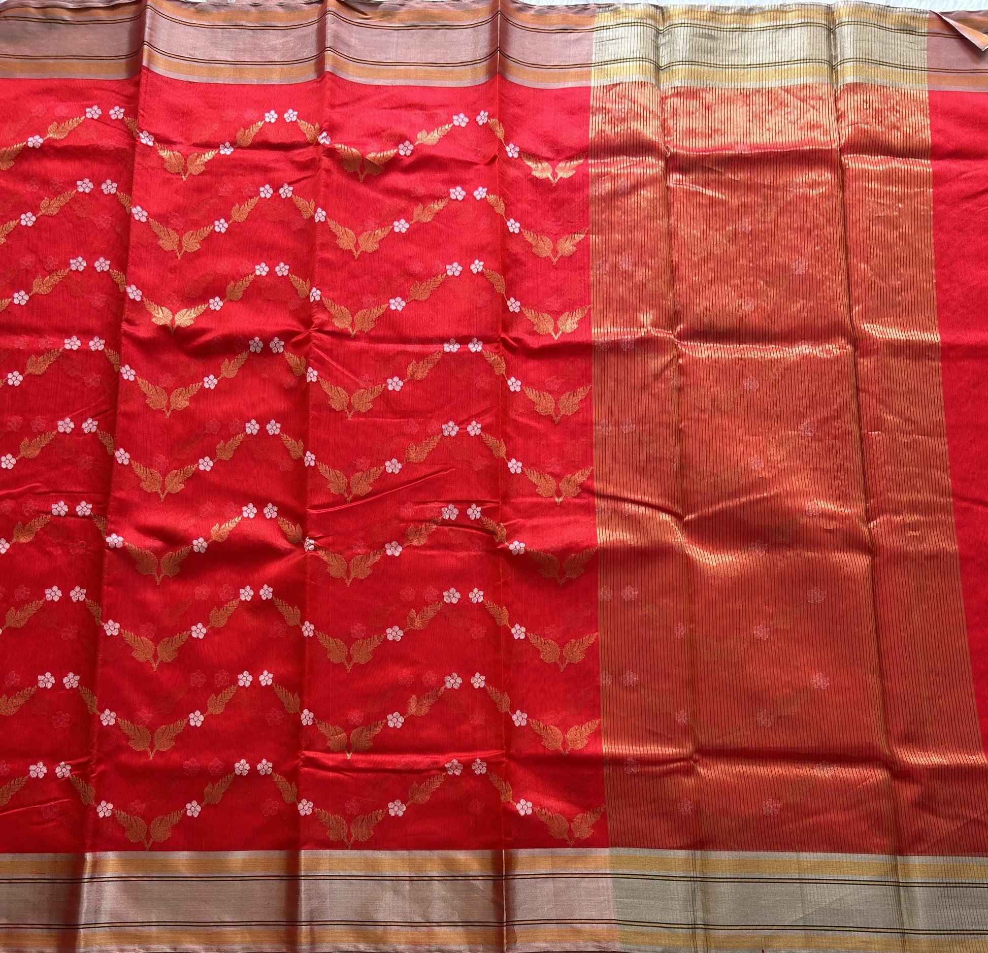 Red Chanderi Silk Saree With Silver Zari Border — Pure Handloom | Silk Mark Certified - Sampradaya Designer Studio