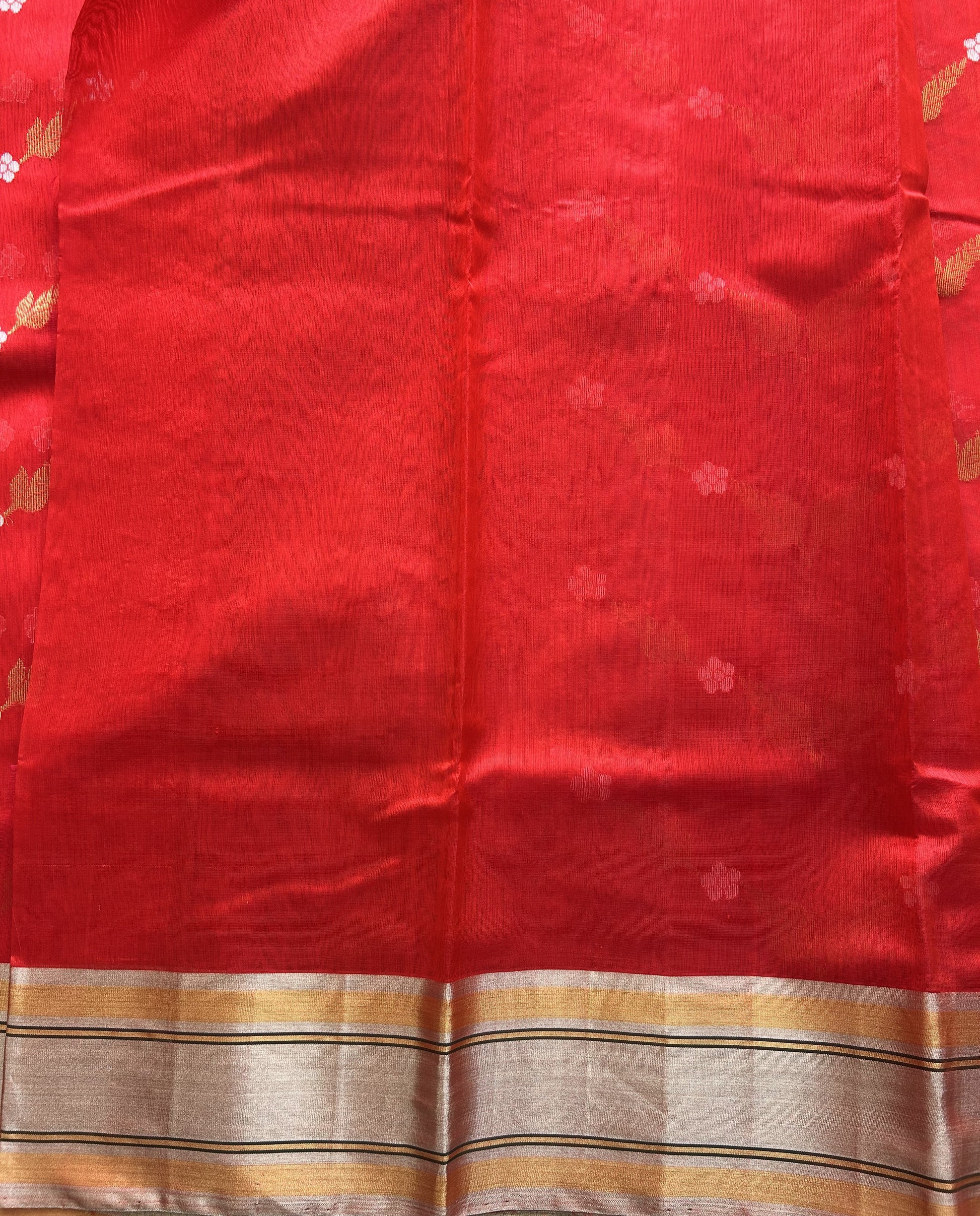 Red Chanderi Silk Saree With Silver Zari Border — Pure Handloom | Silk Mark Certified - Sampradaya Designer Studio