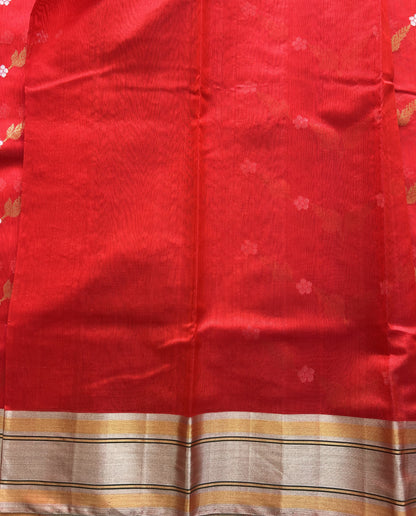 Red Chanderi Silk Saree With Silver Zari Border — Pure Handloom | Silk Mark Certified - Sampradaya Designer Studio