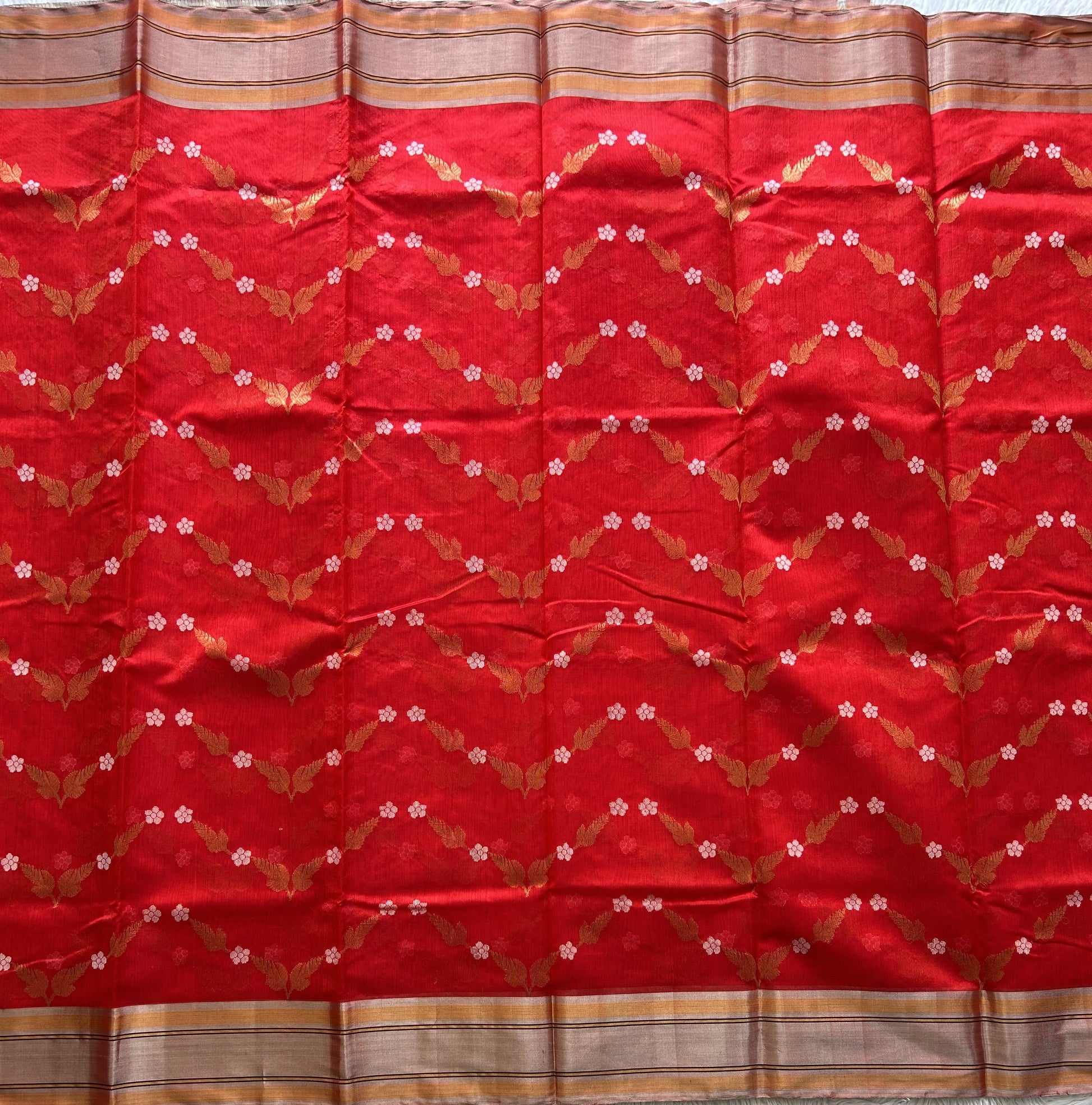Red Chanderi Silk Saree With Silver Zari Border — Pure Handloom | Silk Mark Certified - Sampradaya Designer Studio