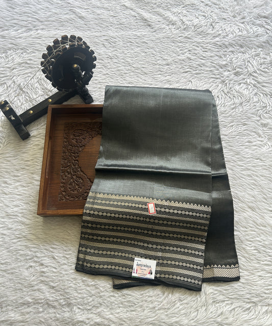 Pure Mangalagiri Pattu Dress Material Gray Color With a Zari Border. - Sampradaya Designer Studio