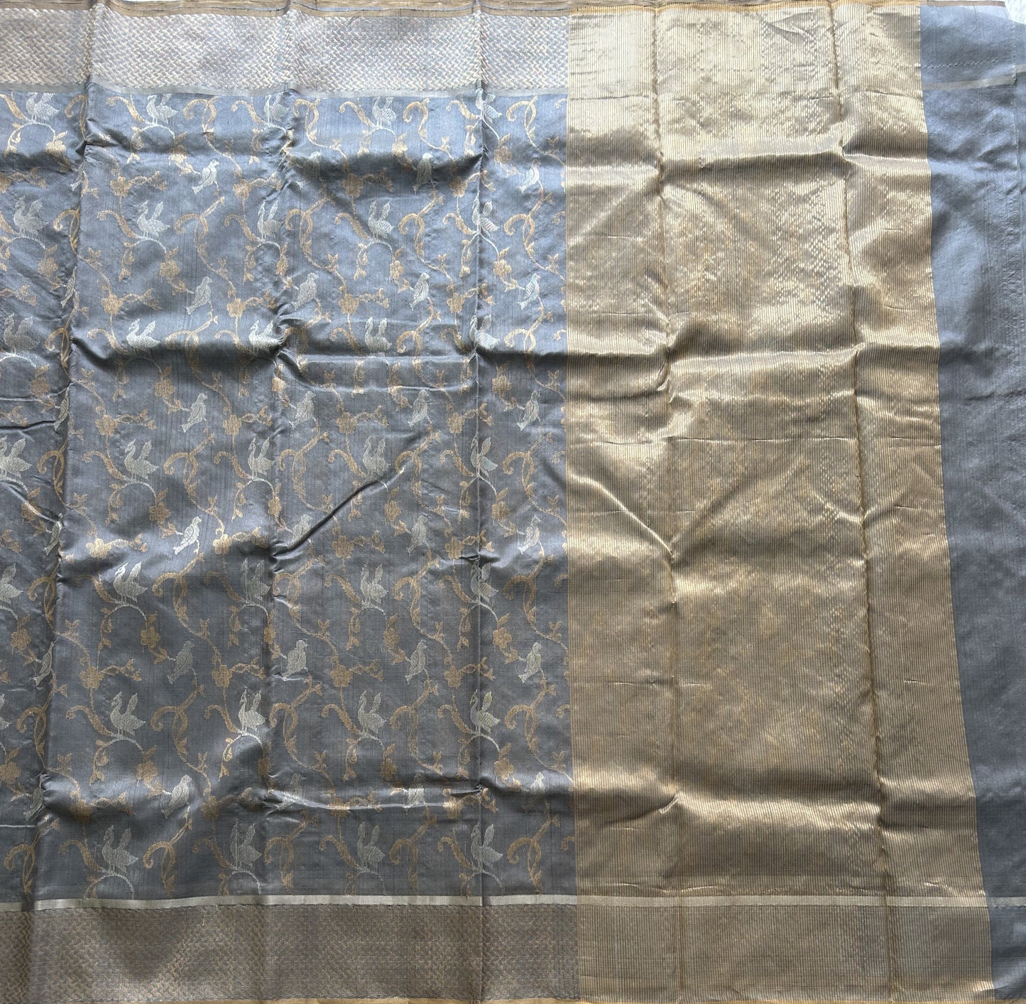 Gray Chanderi Silk Saree With Gold Zari Border — Pure Handloom | Silk Mark Certified - Sampradaya Designer Studio