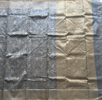 Gray Chanderi Silk Saree With Gold Zari Border — Pure Handloom | Silk Mark Certified - Sampradaya Designer Studio