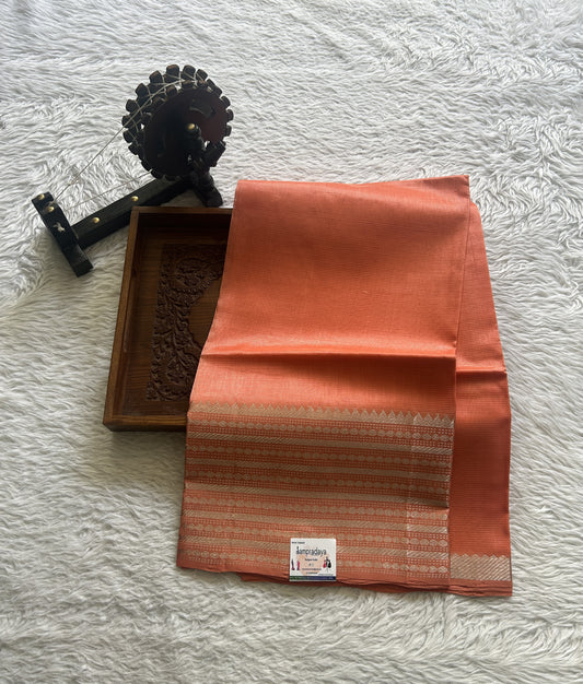 Pure Mangalagiri Pattu Dress Material Coral Color With a Zari Border. - Sampradaya Designer Studio