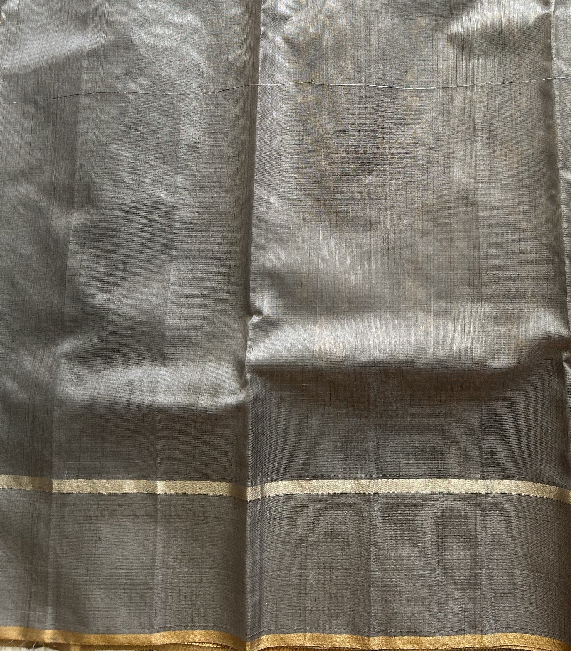 Gray Chanderi Silk Saree With Gold Zari Border — Pure Handloom | Silk Mark Certified - Sampradaya Designer Studio