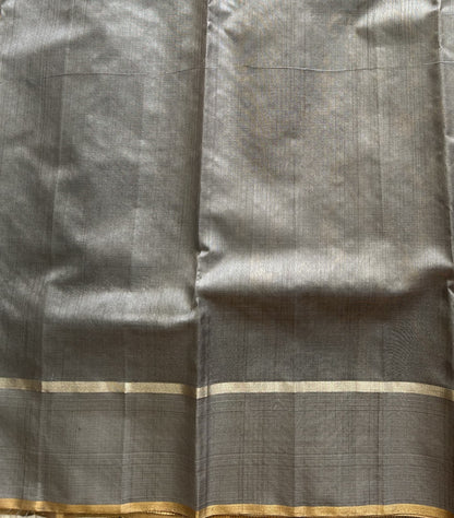 Gray Chanderi Silk Saree With Gold Zari Border — Pure Handloom | Silk Mark Certified - Sampradaya Designer Studio