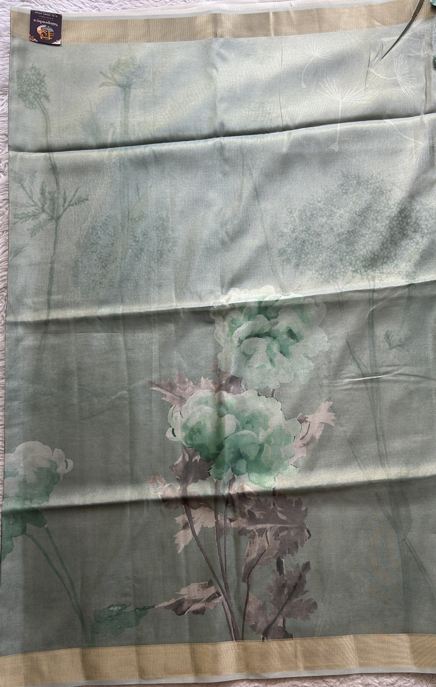 Semi Tussar Tissue Saree Light Green Colored complemented with a Zari Border. - Sampradaya Designer Studio