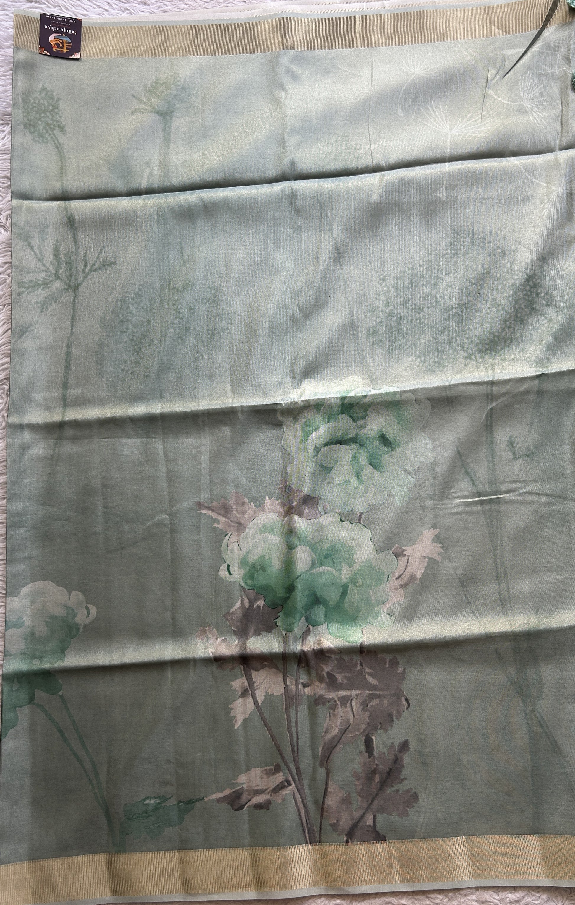 Semi Tussar Tissue Saree Light Green Colored complemented with a Zari Border. - Sampradaya Designer Studio