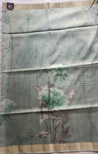 Semi Tussar Tissue Saree Light Green Colored complemented with a Zari Border. - Sampradaya Designer Studio