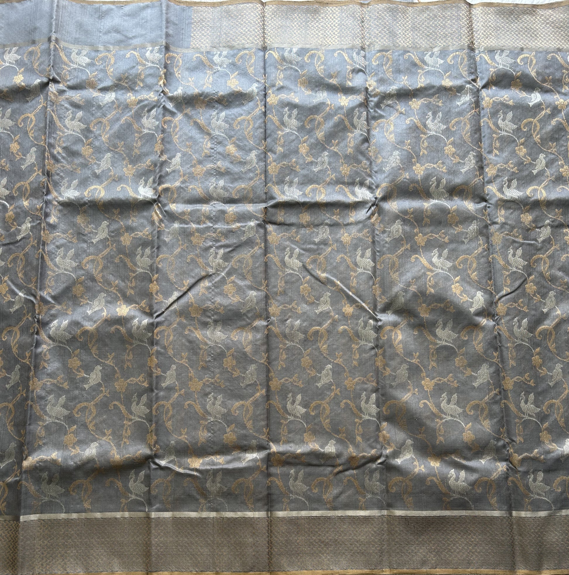 Gray Chanderi Silk Saree With Gold Zari Border — Pure Handloom | Silk Mark Certified - Sampradaya Designer Studio
