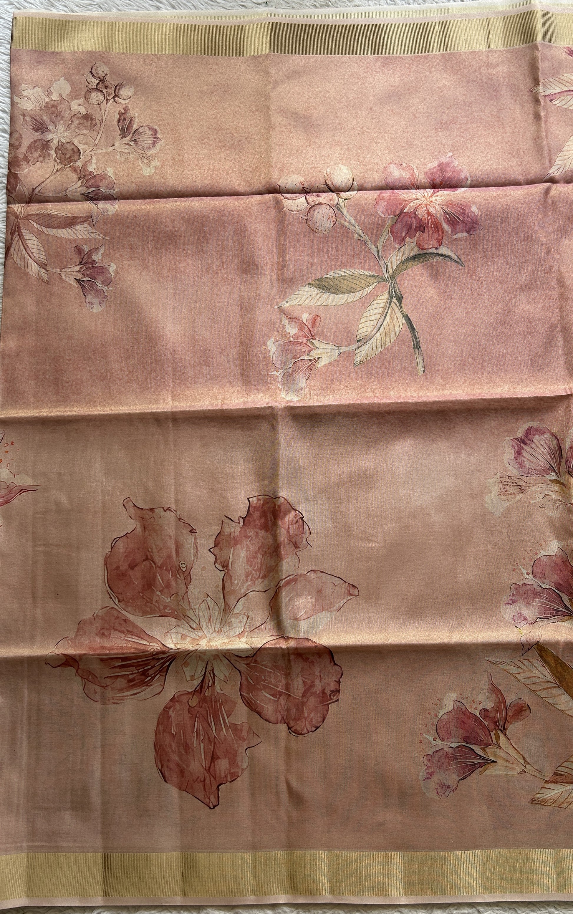 Semi Tussar Tissue Saree Peach Colored complemented with a Zari Border. - Sampradaya Designer Studio