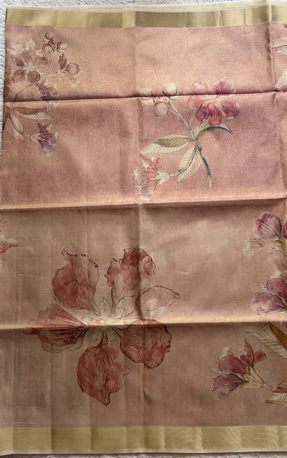 Semi Tussar Tissue Saree Peach Colored complemented with a Zari Border. - Sampradaya Designer Studio