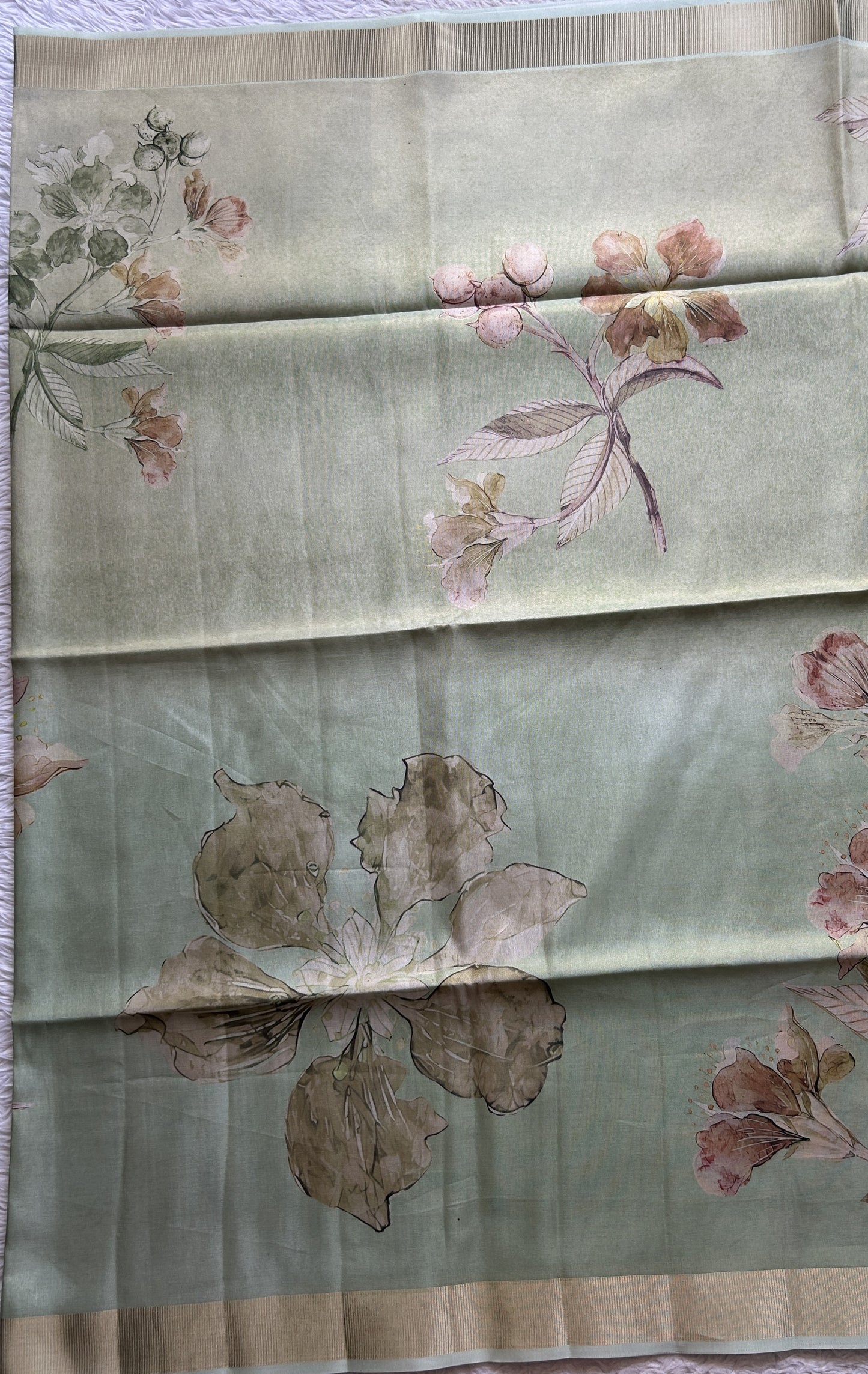 Semi Tussar Tissue Saree Pastel Green Colored complemented with a Zari Border. - Sampradaya Designer Studio