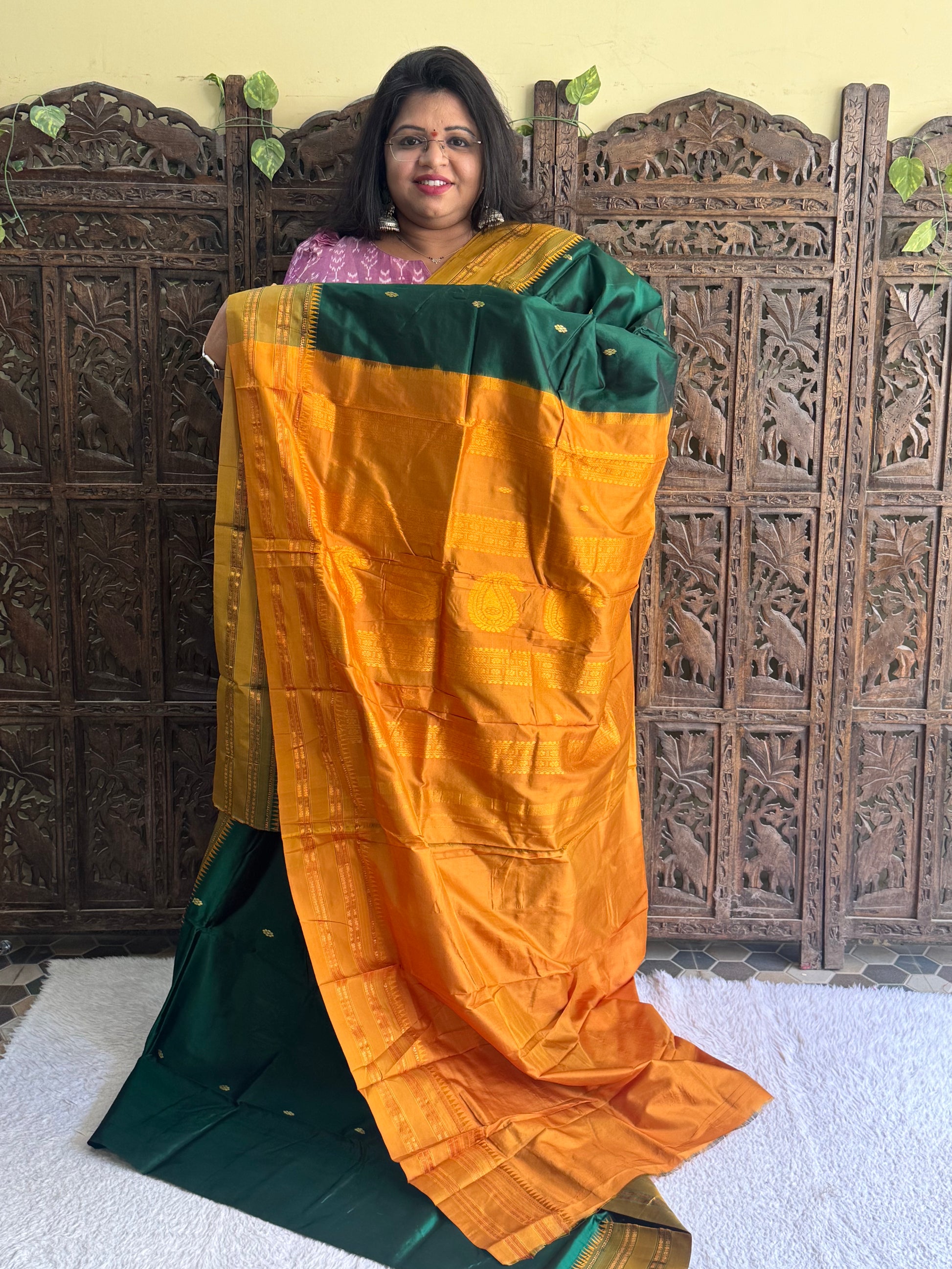 Narayanpet Silk Saree Dark Bottle Green Colored Complemented with a Gold Zari Border. - Sampradaya Designer Studio