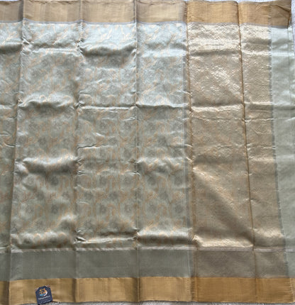 Pista Green Chanderi Silk Saree With Gold And Silver Zari Border — Pure Handloom | Silk Mark Certified