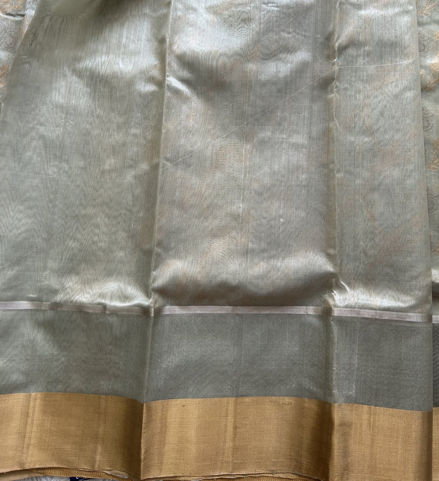 Pista Green Chanderi Silk Saree With Gold And Silver Zari Border — Pure Handloom | Silk Mark Certified