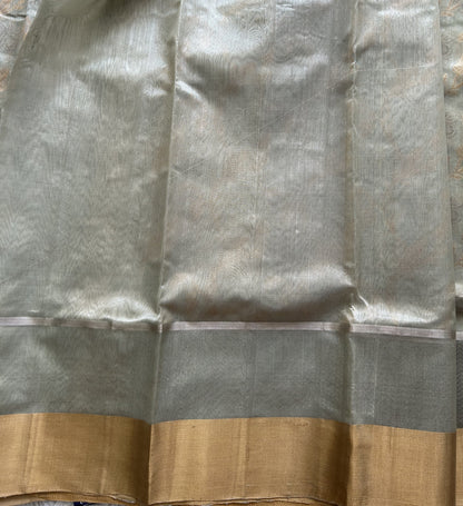 Pista Green Chanderi Silk Saree With Gold And Silver Zari Border — Pure Handloom | Silk Mark Certified