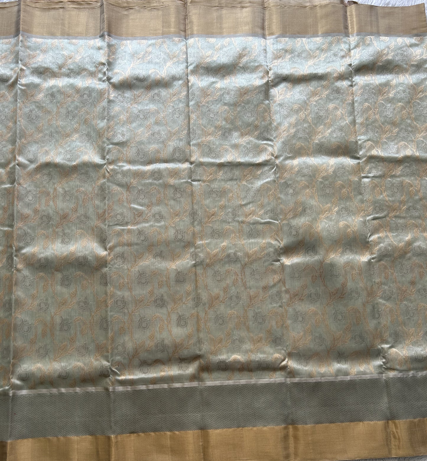 Pista Green Chanderi Silk Saree With Gold And Silver Zari Border — Pure Handloom | Silk Mark Certified