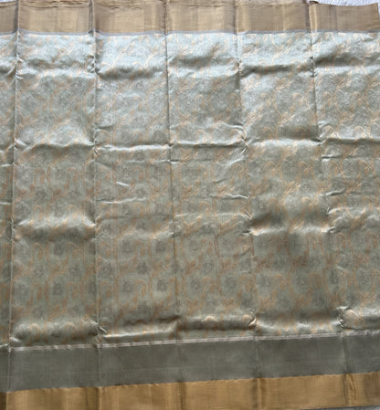 Pista Green Chanderi Silk Saree With Gold And Silver Zari Border — Pure Handloom | Silk Mark Certified