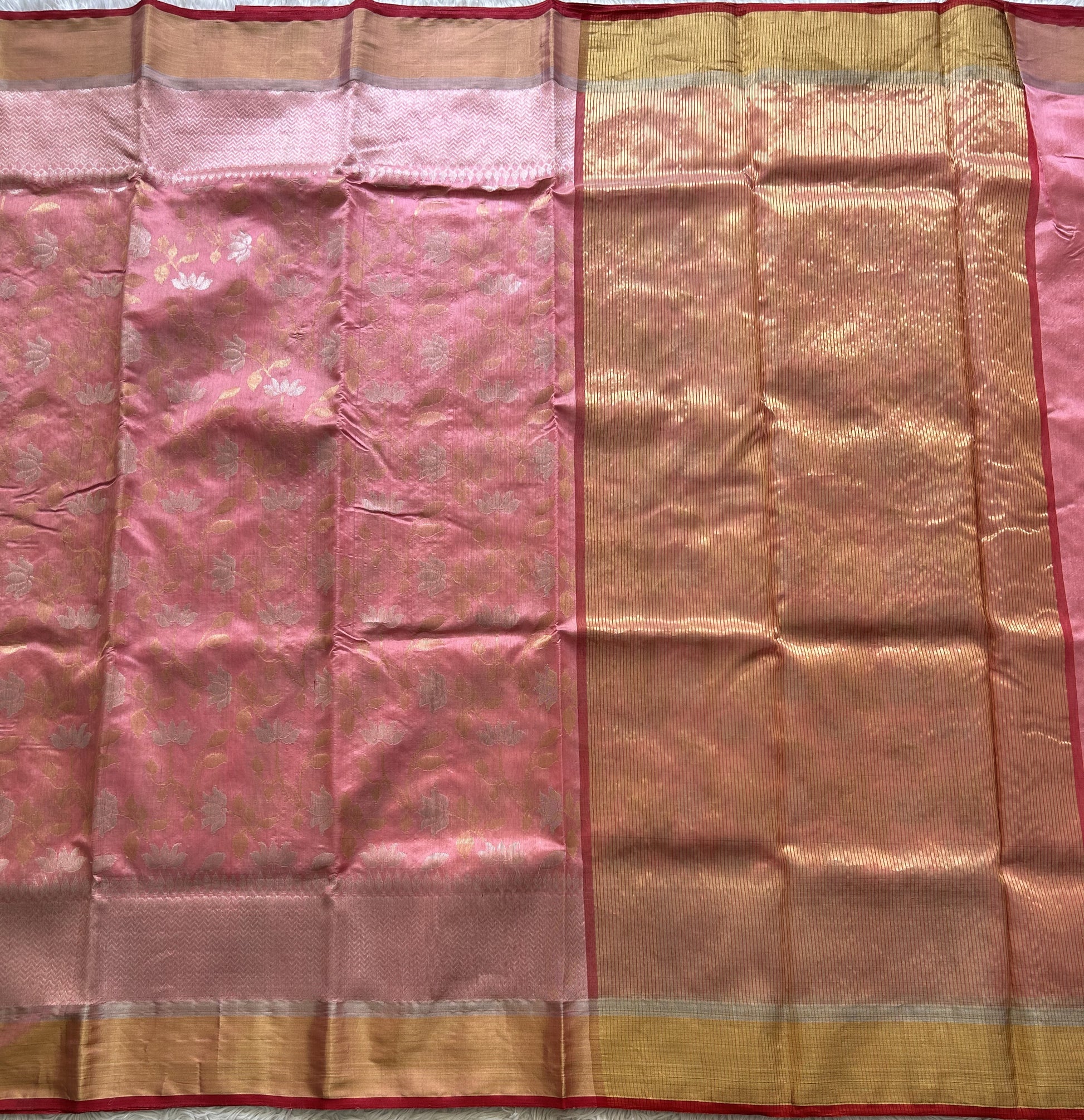 Baby Pink Chanderi Silk Saree With Gold And Silver Zari Border — Pure Handloom | Silk Mark Certified - Sampradaya Designer Studio