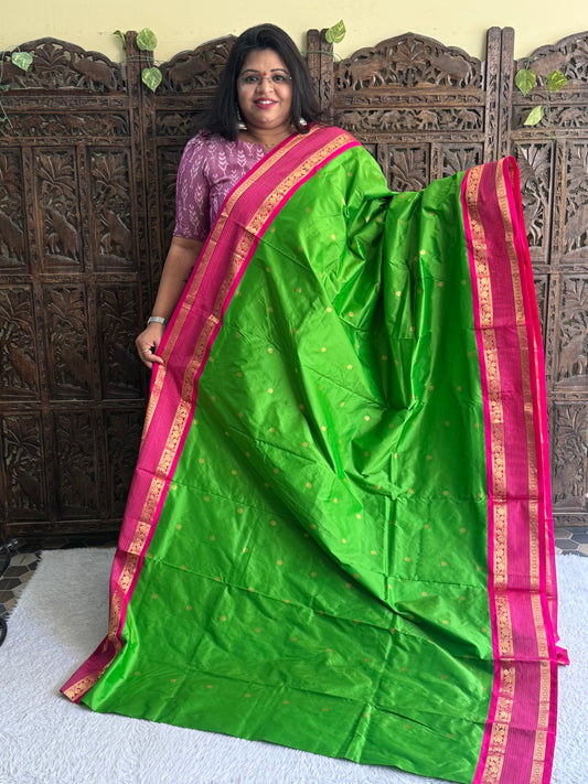 Narayanpet Silk Saree Olive Drab Green Colored Complemented with a Gold Zari Border. - Sampradaya Designer Studio