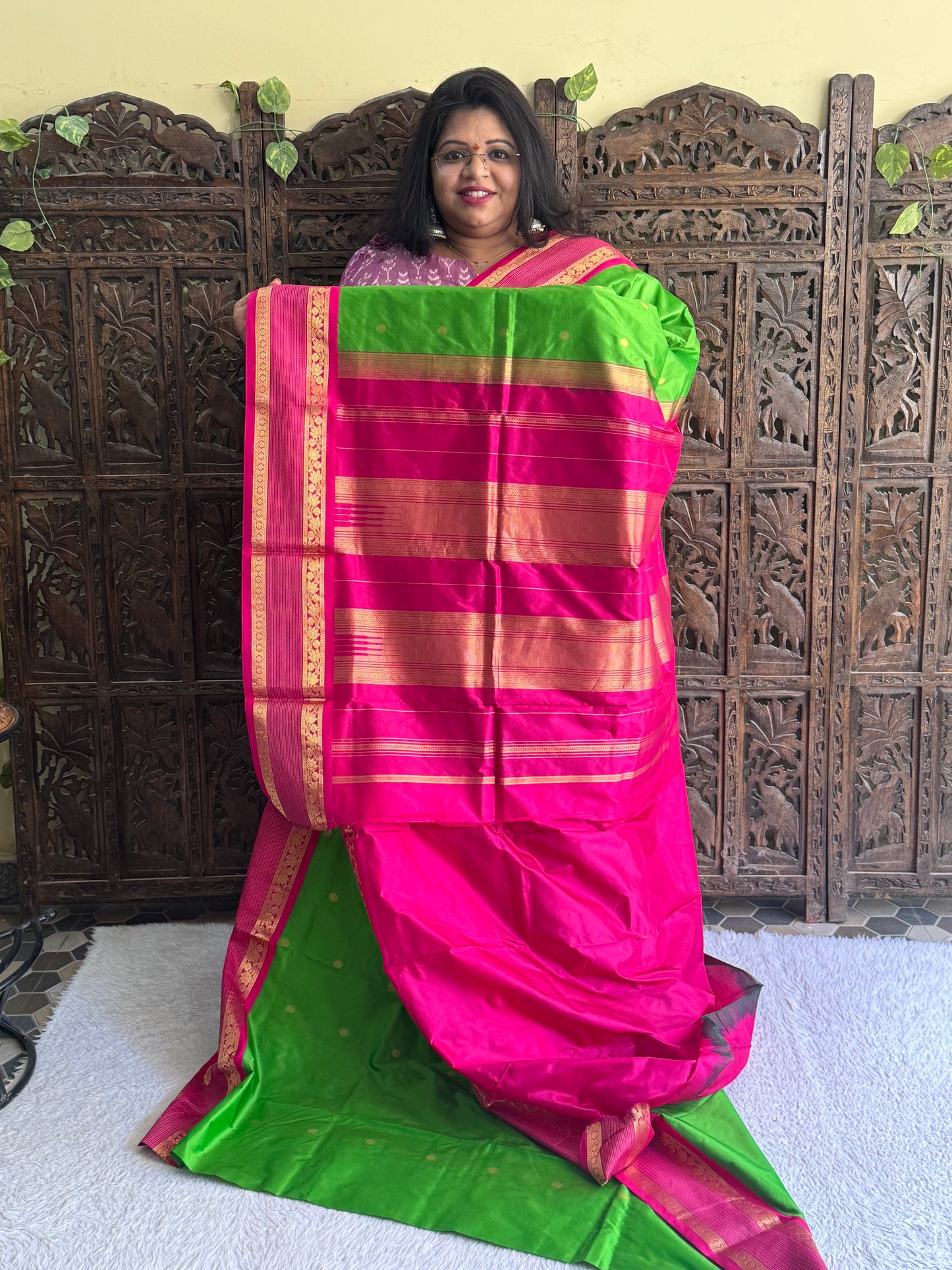 Narayanpet Silk Saree Olive Drab Green Colored Complemented with a Gold Zari Border. - Sampradaya Designer Studio