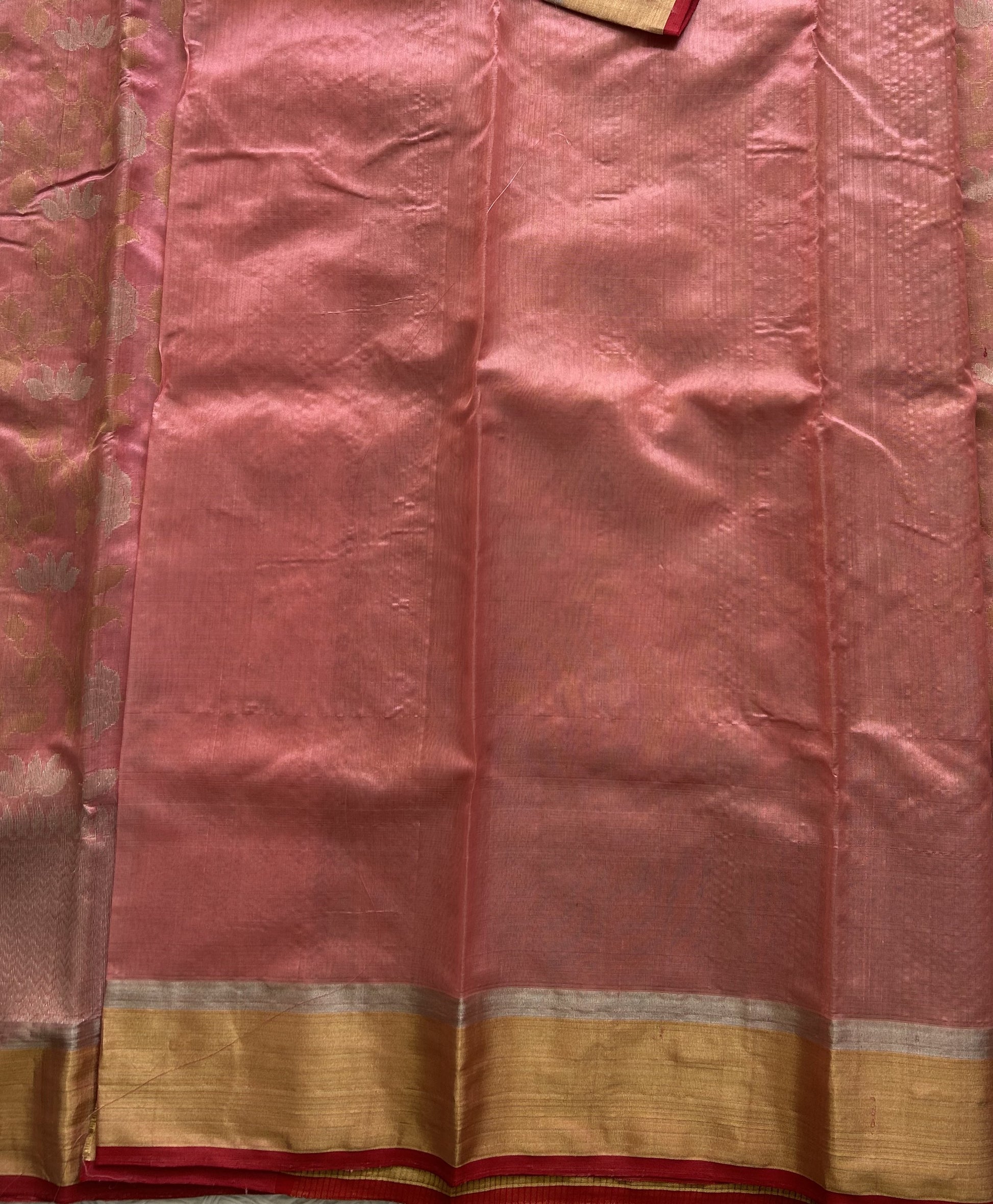 Baby Pink Chanderi Silk Saree With Gold And Silver Zari Border — Pure Handloom | Silk Mark Certified - Sampradaya Designer Studio